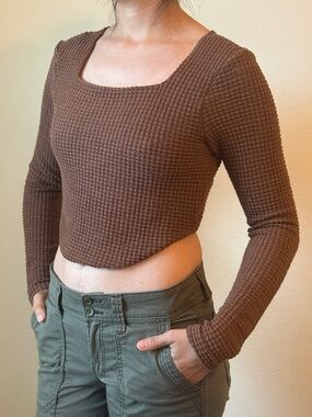 Waffle-Knit Square Neck Long Sleeve Cropped Top - Light Brown